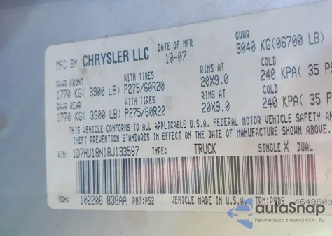 2008 Dodge Ram 1500 Slt from USA, damaged, VIN 1D7HU18N18J133567